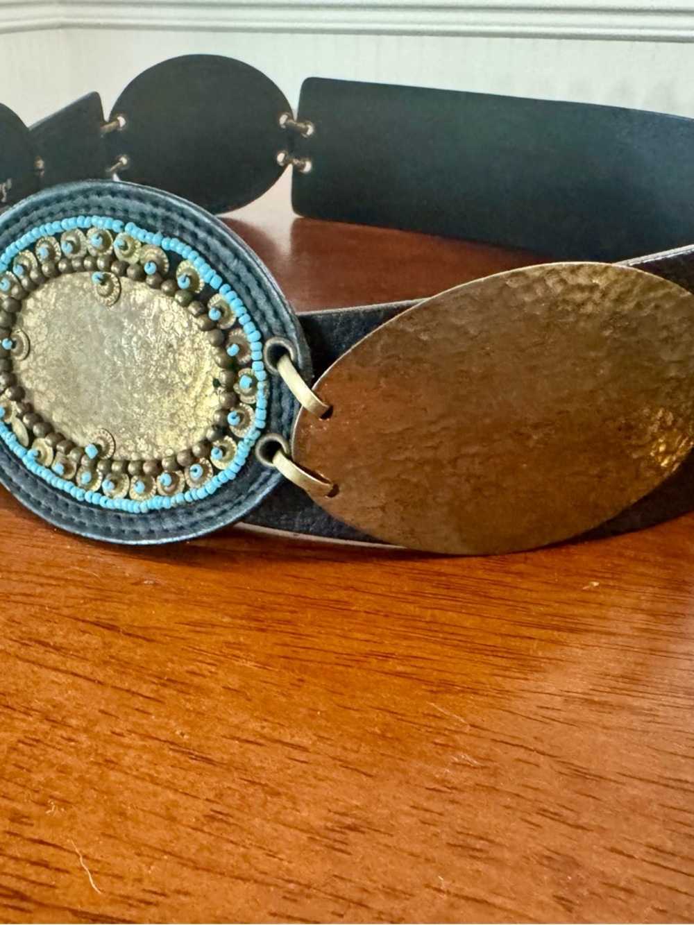 Chico's Black Leather Belt with Gold Medallions and Turquoise Bead Trim